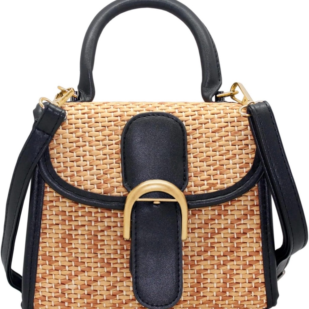 Chic Black and Straw Crossbody Bag with Adjustable Strap - Picture 2 of 7